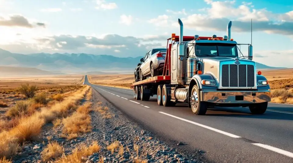 A modern flatbed tow truck transporting a vehicle along a highway near Baton Rouge during a warm golden sunset.