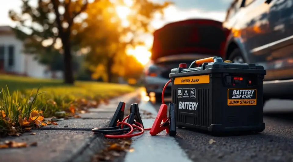 Tow operator attaching booster cables to a dead car battery roadside in Baton Rouge under cinematic evening light.