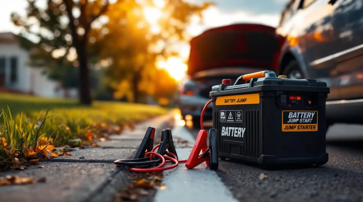 Tow operator attaching booster cables to a dead car battery roadside in Baton Rouge under cinematic evening light.