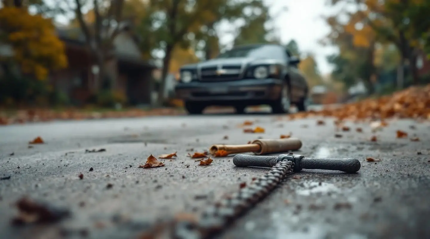 A flatbed tow truck loading an old, damaged sedan from a gravel driveway in Baton Rouge under a humid, overcast sky.