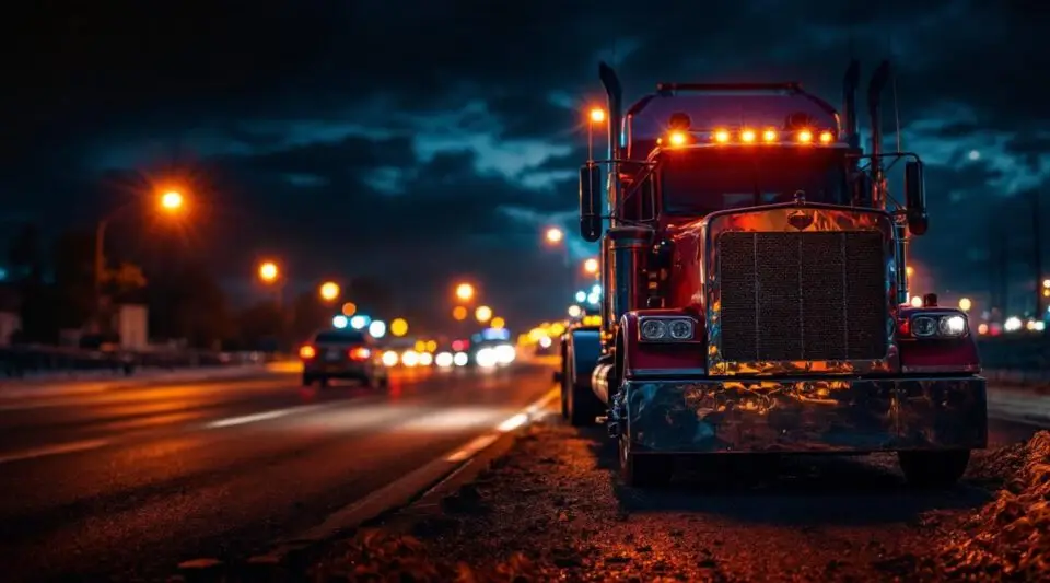 A Snappy Towing flatbed truck with amber safety lights assisting a disabled vehicle on the Lynnway at night in Lynn.