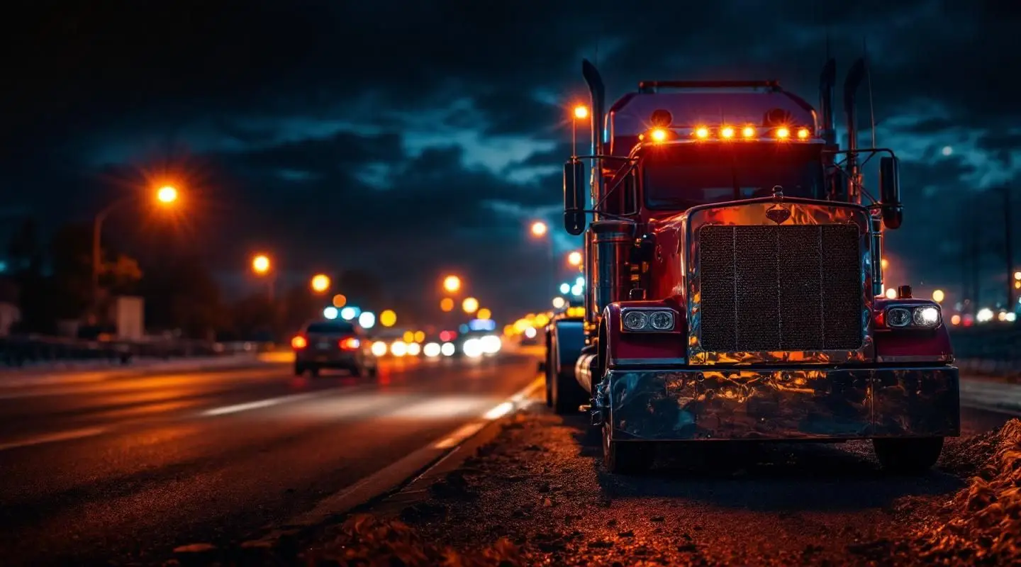 A professional flatbed tow truck loading a car at night on a Baton Rouge highway under bright amber safety lights.