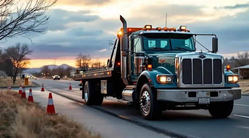 A professional flatbed tow truck loading a vehicle on a Baton Rouge street at dusk, showcasing damage-free transport prep.