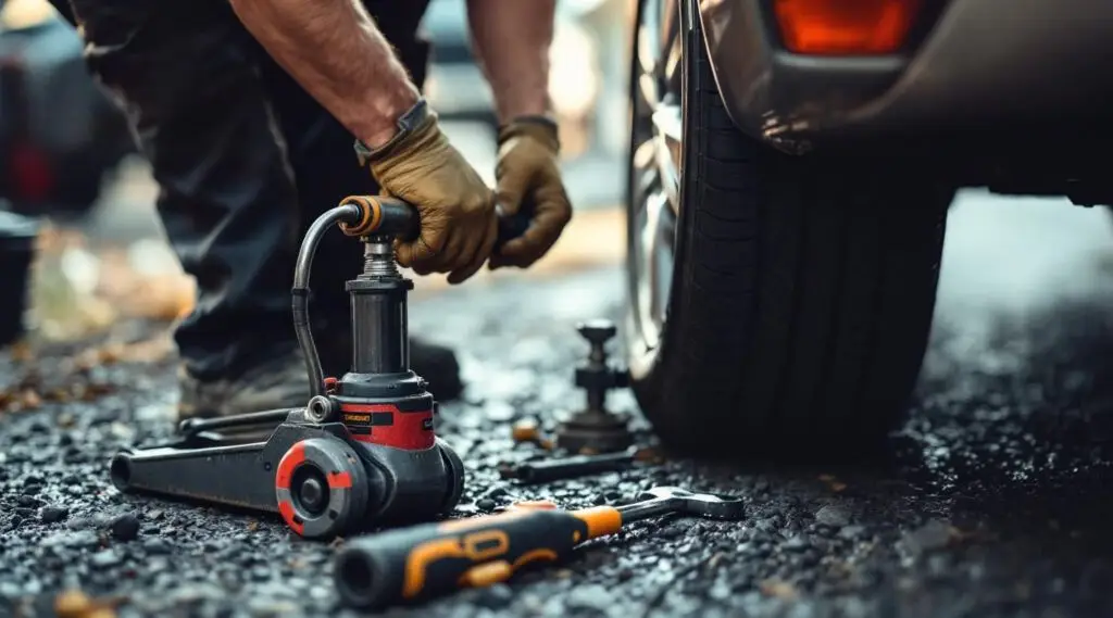 Lex's Towing technician changing a flat tire on a stranded vehicle roadside in Baton Rouge during a hot summer day.