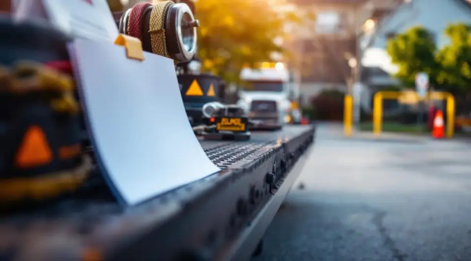 A Lex's Towing flatbed truck preparing to tow an illegally parked sedan from a Baton Rouge commercial lot at dusk.
