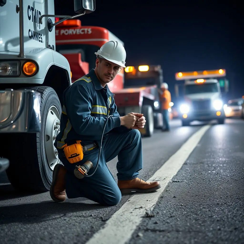 A professional tow truck operator in high-visibility safety gear preparing a flatbed tow truck for a recovery in Monroe.