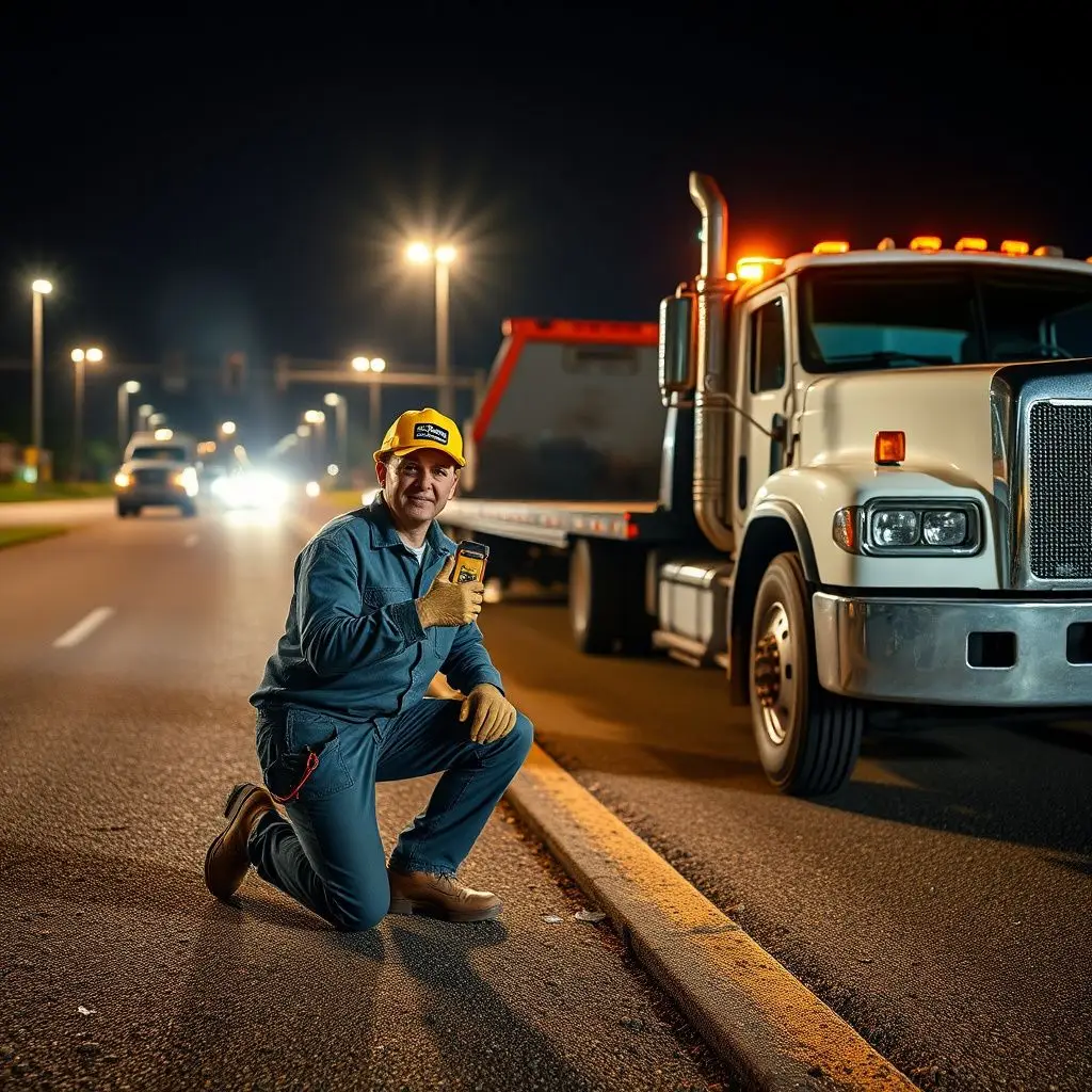 A professional tow truck operator securing a vehicle onto a flatbed on a rural Louisiana road under clear skies.