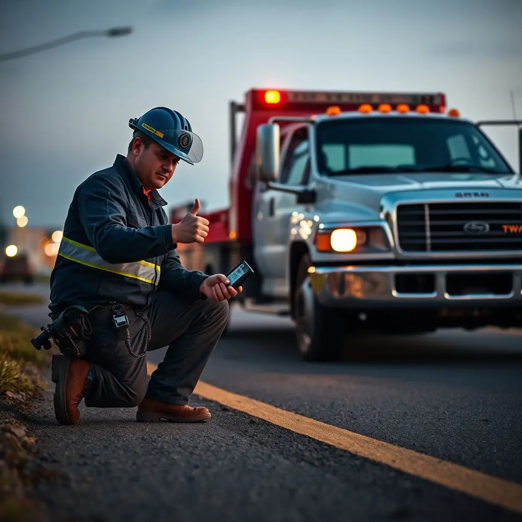A tow truck operator safely preparing a vehicle for flatbed towing on a West Monroe street.