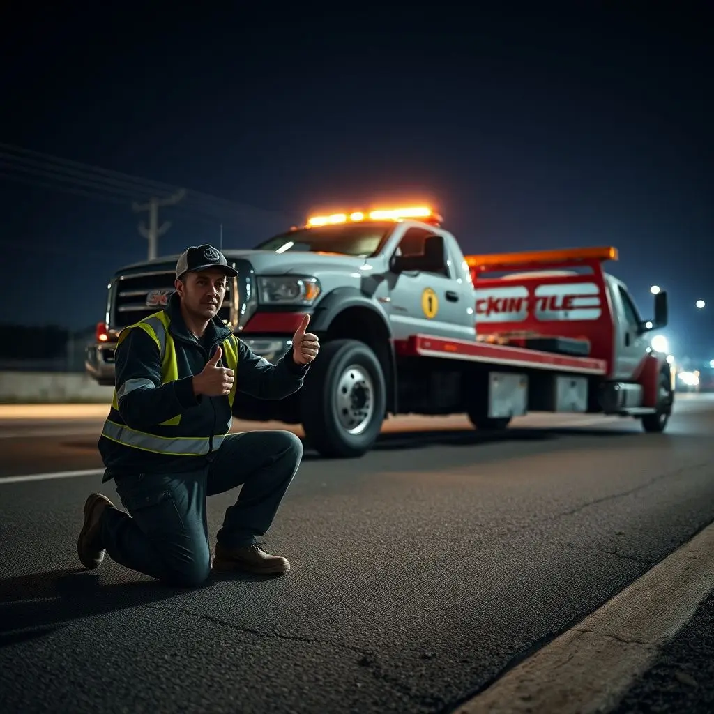 A professional tow truck operator checking the securement straps on a vehicle loaded onto a flatbed in Rayville, LA.